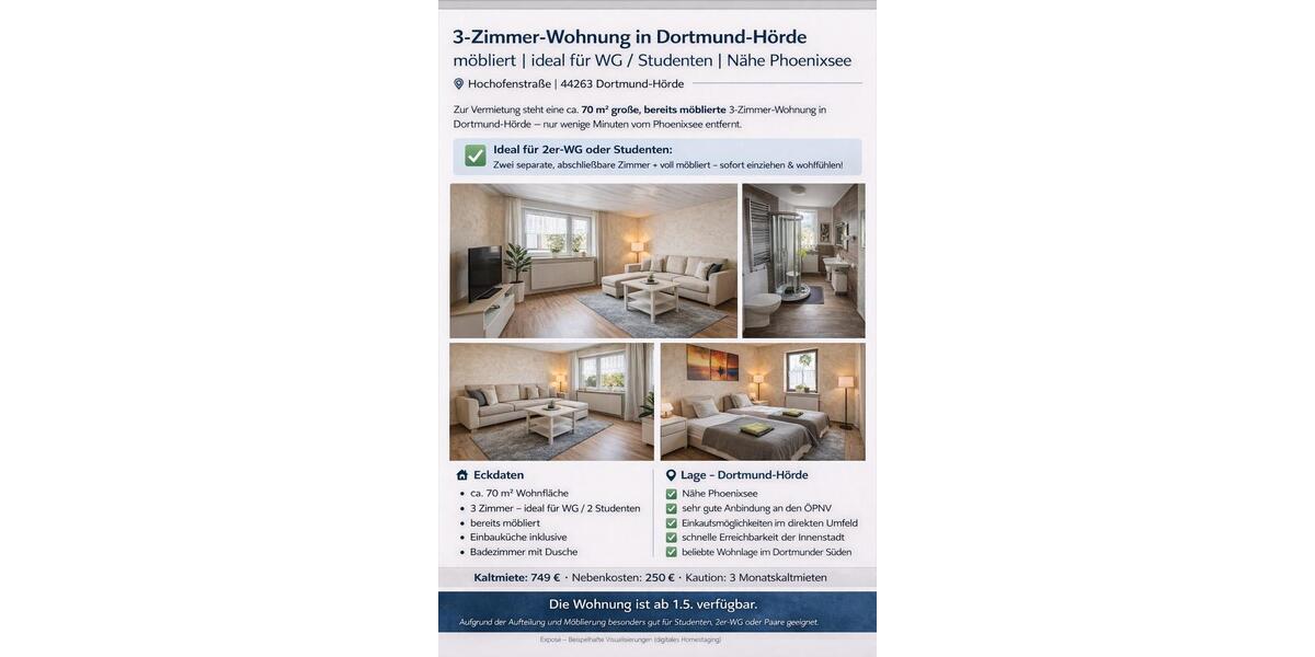 Etagenwohnung Dortmund Hörde - 3 Zimmer, 70 m&sup2;, 749&euro; | Angebot:25921662