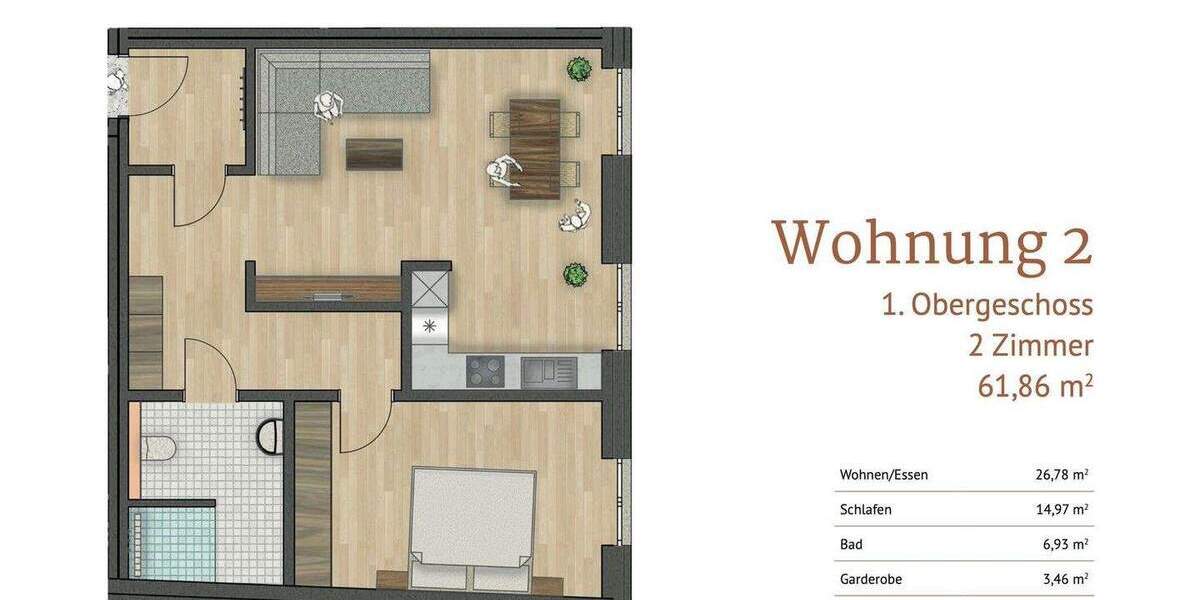 Etagenwohnung Drensteinfurt - 2 Zimmer, 61 m&sup2;, 269.000&euro; | Angebot:25654281